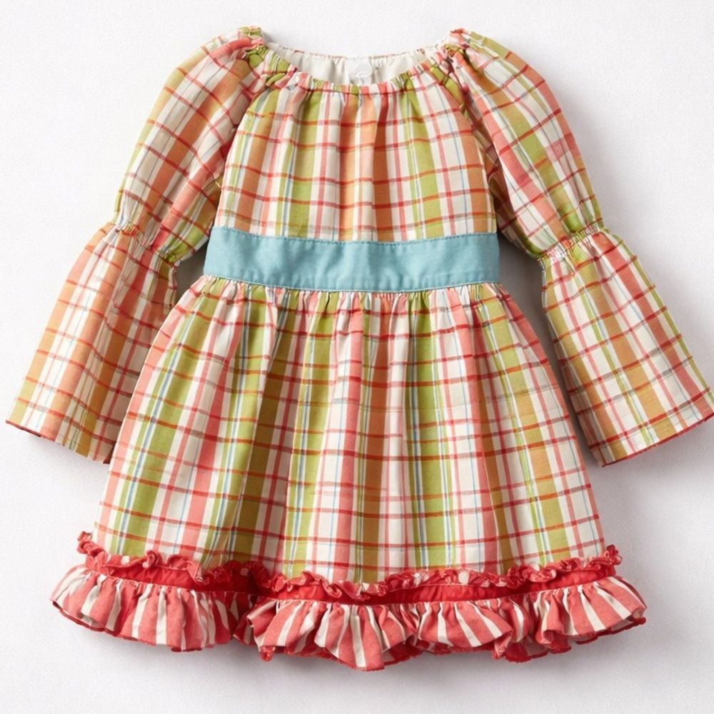 Matilda Jane Secret Fields green and pink plaid peasant top teal sash size 4